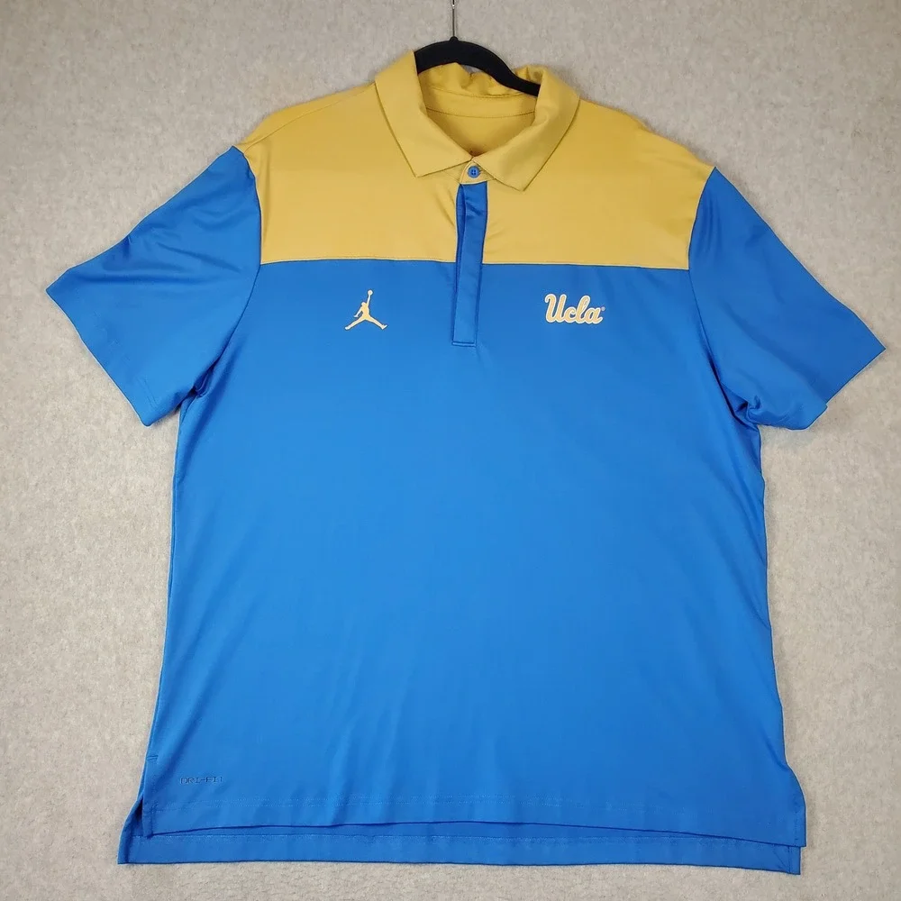 Jordan UCLA Bruins Polo Shirt Mens XL Blue Gold Dri-FIT Colorblock Jumpman Logo